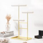 Coward 3 Tier Necklace Bracelet Earring Holder Stand, Jewelry Display Organizer with Tray, Velvet T-Bar Necklace Organizer Stand, Multi-use Metal Jewelry Holder Rack for Men Women (Gold) - Image 2
