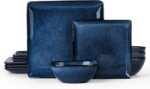 E-far Square Plates and Bowls Sets, 12-Piece Stoneware Dinnerware Sets for 4, Reactive Glaze Dish Set, Chip and Scratch Resistant, Microwave and Dishwasher Safe, Deep Sea Blue - Image 2