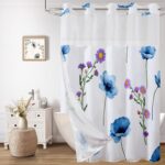 Extra Long No Hook Shower Curtain and Liner Set, Blue Floral Shower Curtains with Snap in Fabric Liner for Bathroom, Ringless Waterproof Washable Bath Curtains with Mesh Top Window, 71" x 84" - Image 2