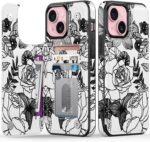 FUNMIKO for iPhone 15 Plus Wallet Case with Card Holder + Cash Clip, RFID-Blocking, Military-Grade Drop Protection & UV-Printed Artwork, Magnetic Closure with Leather Kickstand - Floral Sketch - Image 2