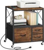 File Cabinet with Charging Station, 3 Drawer Lateral Filing Cabinet for Home Office, Mobile Printer Stand with Open Shelf, Fits A4/Letter Size File, Nonwovens Drawer, Rustic Brown FCHR98E01 - Image 2