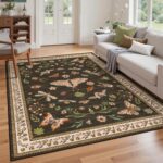 Floral Washable Rug 5x7 Area Rugs for Living Room, Insect Print Rug for Bedroom, Non Slip Throw Carpet with Rubber Back, Soft Low Pile Carpet for Dining Room Home Office, Brown - Image 2