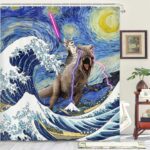 Funny Cat Shower Curtain, Cool Dinosaur Cat in Japanese Kanagawa Waves Shower Curtain for Bathroom, Blue Ocean Fabric Hilarious Anime Shower Curtain Set with 12PCS Hooks, 70X85IN - Image 2