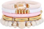 GOOJIDS Simple Beaded Gold Plated Bangles Bracelet Chunky Bamboo Tube Curved Stacking Clear Acrylic Colorful Beads Stretchable Gold Plated Bracelets Set For Women - Image 2