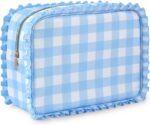 Gingham Ruffle Makeup Bag,Large Travel Cute Cosmetic Bag for Women Girls,Toiletry Bag Make up Organizer 11.8 x 4.7 x 9 inch (Blue Gingham) - Image 2