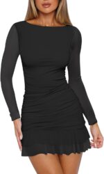 HOCILLE Women's Sexy Bodycon Boat Neck Mini Dresses Mesh Long Sleeve Ruched Ruffle Hem Club Party Short Dress - Image 2