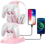 Headphone Controller Stand&Holder for PlayStation Xbox Nintendo Switch Other Game Controller with RGB Lights&2 USB Charging Station Ports,Earphone Hanger Gamers Desktop Accessories (Pink) - Image 2
