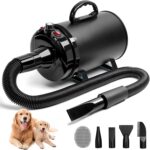 High Velocity Dog Hair Dryer 5.2HP/ 3800W Professional Dogs Blower Grooming Dryer, Adjustable Temperature and Speed Pet Dryers with 4 Nozzles and a Comb, Black - Image 2