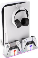Hosanwell PS5 Wall Mount Kit with Charging Station, Compatible with PlayStation 5/Slim/Pro Disc & Digital Version, Dual Use Charging Station with Multi-Mode RGB Light, White - Image 2