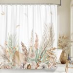 JAWO Rustic Boho Leaves Shower Curtain, Watercolor Chic Tan Cream Pampas Grass Beige Botanical Flower Boho Farmhouse Floral Shower Curtain Set with Hooks 72X72inches - Image 2