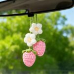 JOERSH Crochet Strawberry and Flower Rear View Mirror Accessories, 2 Pcs Cute Car Hanging Ornaments, Pink Handmade Car Interior Decorations for Women Girls - Image 2