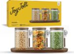 JoyJolt Holden 32oz Stackable Glass Storage Containers with Lids Scoops and Tray, Clear Airtight Food Canister Set of 3 w/Acacia Wood Lids, Round Stacking Pantry and Kitchen Containers w/Scoop - Image 2