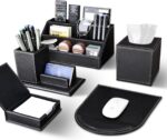 KINGFOM 5PCS Desk Organizer and Accessories Set, Pu Leather Office Supplies with Multifunction Desktop Organizer Storage Box, Tissue Holder, Mouse Pad, Note Paper Holder, Pencil Holder for Desk Black - Image 2