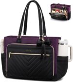 LOVEVOOK Laptop Tote Bag for Women, Work Bag Teacher Tote with Large Cup Holder, Quilted Nurse Diaper Bag for Travel, Computer Women's handbags for Teacher gift, Black-Purple, 17.3 Inch - Image 2