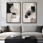 Large Framed Neutral Abstract Floral Wall Art, Set of 2 Black and Beige Modern Canvas Prints Paintings Artwork for Walls, Minimalist Pictures for Living Room, Dining Room, Bedroom Wall Decor 24x36 In - Image 2