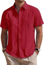 Mens Linen Shirts Short Sleeve Button Down Shirt Casual Cuban Guayabera Lightweight Summer Beach Solid Tops - Image 2
