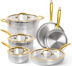 Michelangelo Triply Stainless Steel Pots and Pans Set, 10-Piece Hammered Stainless Steel Cookware Set with Golden Handle, Premium Induction Kitchen Cookware, Oven Safe - Image 2