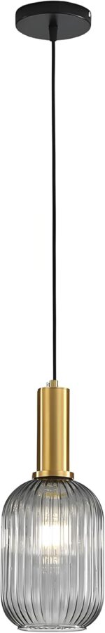 Modern Pendant Light Fixtures for Kitchen Island, Farmhouse Striped Glass Pendant Lighting with Gold Socket, Stylish Ceiling Light for Dining Room and Living Room (5.12'', Grey) - Image 2