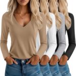 Neer 4 Pack Women's T-Shirts V Neck Long Sleeve Casual Tops Loose Fit Basic Layering Shirts Straight Hem Plain Soft Tees - Image 2