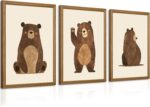 Nursery Wall Art Baby Canvas Pictures Bear Wall Decor Boys Room Prints Kids Poster Cute Animal Theme Pictures Woodland Bear Painting Neutral Children Artwork for Bedroom 16x24 Inch Framed Set of 3 - Image 2