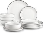 Plates and Bowls Sets for 4,12 Pieces Ceramic Dish set, White Dinnerware Set for Kitchen, Modern Design Plate Sets with Black Rim, Microwave and Dishwasher Safe - Image 2