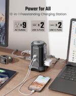 Power Strip Tower Surge Protector, SUPERDANNY Desktop Charging Station, 6.5 Ft Flat Plug Extension Cord, 9 Outlets, 4 USB (2 USB-C), 1080J, Multiple Protections Outlet Extender for Home, Office, Dorm - Image 2