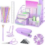 Purple Desk Organizers and Accessories Office Supplies Set Stapler, Pen Holder, Phone Holder, Scissors, Pen, Ruler, 30 Paper Clips, 22 Binder Clip, 20 Tacks and 1000pcs Staples - Image 2