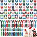Reginary 100 Pieces Christmas Candy Dog Bow Tie Collar Set Include 40 Dog Bowties 30 Pet Neckties and 30 Collar Bow Adjustable Cat Bowties Neckties for Small Medium Holiday Pet Grooming Accessories - Image 2