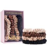 SILKIE x4 Set - Forget Satin - 100% Pure Mulberry Silk Black Brown Skinny Scrunchies Travel Pouch Everyday Hair Ties Elastics Hair Care Ponytail Holder No Damage (Chocolate) - Image 2