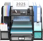 SUPEASY Mesh Desk Organizer with File Holder, 5-Tier Paper Letter Tray Organizer with Magazine Holder, Desktop Organizer and Storage with Drawer for Office Supplies Home or School, Black - Image 2