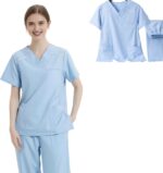 Scrub Set for Women and Men Classic V-Neck Top&Yoga Jogger Pant Solid Color Working Uniforms 4 Way Stretch - Image 2