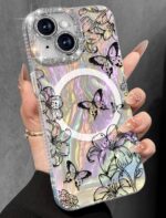 Toycamp for iPhone 15 Case - Compatible with Magsafe Aesthetic Cute Holographic i15 Case with Diamond Bling Lens Protector for Apple 15 Cover for Women Girls, Lily Butterfly - Image 2