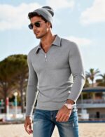 UOUA Men's Polo Shirt Quarter Zip Tops Soild Casual Geometric Texture Long Sleeve Sweaters Pullover Golf Sweatshirts - Image 2