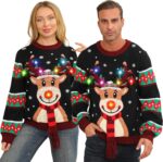 Ugly Christmas Sweater Women Men,Light Up Christmas Sweater for Couples,Funny Cute Reindeer LED Xmas Tacky Sweaters - Image 2