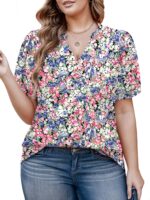 VOGRACE Womens Plus Size Tops Summer Puff Sleeve Shirts Casual Pleated Notched V Neck Tunics Tee XL-5XL - Image 2