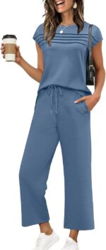 WIHOLL Two Piece Sets for Women Summer Travel Vacation Outfits Cap Sleeve Lounge Matching Sets Wide Leg Pants S-3XL - Image 2