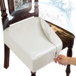 Waterproof Dining Chair Seat Covers Leather Kitchen Seat Covers, Stain Resistant Stretch Chair Seat Covers for Dining Room Chairs Set of 6, Rear Covered Washable Dining Chair Covers Cream - Image 2