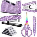 Yunlly 6 Pack Bling Office Stationery Set Desk Accessory Office Set Includes Pen Scissor Stapler Staple Remover 1000 Pcs Staples Tape Dispenser with Diamond Inlay for Home Desk(Purple) - Image 2