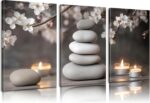 ZHJIOFXG Zen Flowers Canvas Wall Art - Cherry Blossom Picture Wall Decor Set of 3 - Stones Candlelight Painting Calm Relaxation Meditation Print Artwork for Office Living Room Bedroom 12x16in Framed - Image 2