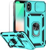 for iPhone X/iPhone Xs Case with Camera Lens Cover HD Screen Protector, Military Grade Drop Protection Magnetic Ring Holder Kickstand Protective Phone Case for iPhone X/Xs 5.8 inch (Mint) - Image 2
