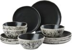 12pcs Dinnerware Set Service for 4, Handmade, Stoneware,Ceramic, Dish Set, Plates and Bowls set, Dinner Set, Reactive Glazed, Microwave and Dishwasher Safe (MATTE BLACK) - Image 2