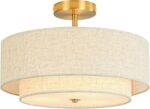 16" Semi Flush Mount Ceiling Light, 3-Light Gold Drum Ceiling Light Fixture with 2-Tier Fabric Linen Shade, Farmhouse Chandelier for Dining Room, Living Room, Bedroom, Kitchen, Hallway, Entryway - Image 2