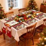 7 Pcs Christmas Table Runner and Placemat Set 72 x 13 Inch with Snowman, Gingerbread Man Table Mat for Holiday Kitchen Dining Decoration - Image 3