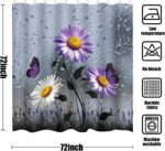 Purple Floral Shower Curtain Rustic Farmhouse Purple Daisy Flowers and Butterfly Dark Grey Art Boho Shower Curtains for Bathroom Decor 72x72Inch Washable Polyester with 12 Hooks - Image 3