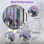 Purple Floral Shower Curtain Rustic Farmhouse Purple Daisy Flowers and Butterfly Dark Grey Art Boho Shower Curtains for Bathroom Decor 72x72Inch Washable Polyester with 12 Hooks - Image 4