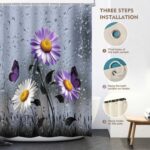 Purple Floral Shower Curtain Rustic Farmhouse Purple Daisy Flowers and Butterfly Dark Grey Art Boho Shower Curtains for Bathroom Decor 72x72Inch Washable Polyester with 12 Hooks - Image 6