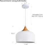 Modern Solid Wood Pendant Light,Ceiling Hanging Lamp with Dome Metal Shade,Adjustable Light Fixture for Kitchen Island,Dining Room- White - Image 6