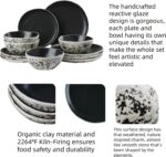 12pcs Dinnerware Set Service for 4, Handmade, Stoneware,Ceramic, Dish Set, Plates and Bowls set, Dinner Set, Reactive Glazed, Microwave and Dishwasher Safe (MATTE BLACK) - Image 4