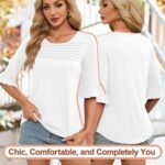 Blingfit 3/4 Length Sleeve Womens Tops Dressy Casual Shirts Ruffle Bell Sleeve Front Pleated Fasion Trendy Summer Blouses - Image 5