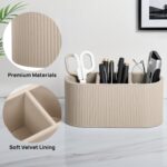 Aesthetic Remote Control Holder, PU Leather Pen Holder for Desk with 3 Compartments for Home Office Supplies and Accessories, Stylish Bedside Remote Holder Nightstand Desktop Organizer (Beige) - Image 4